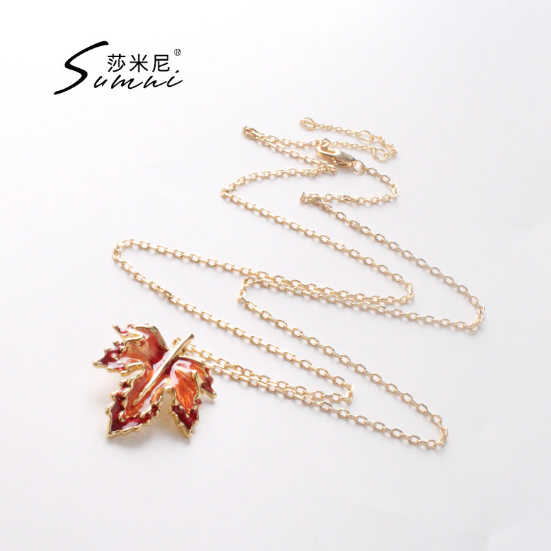 Maple Leaf Enamel Drip Long Necklace For Women