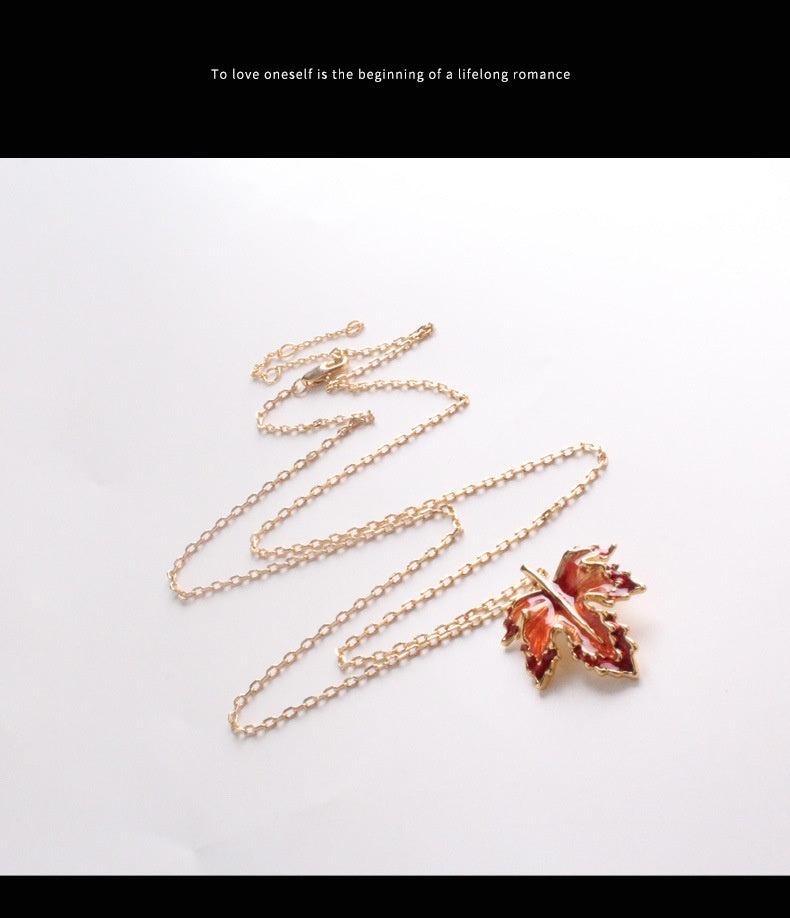 Maple Leaf Enamel Drip Long Necklace For Women