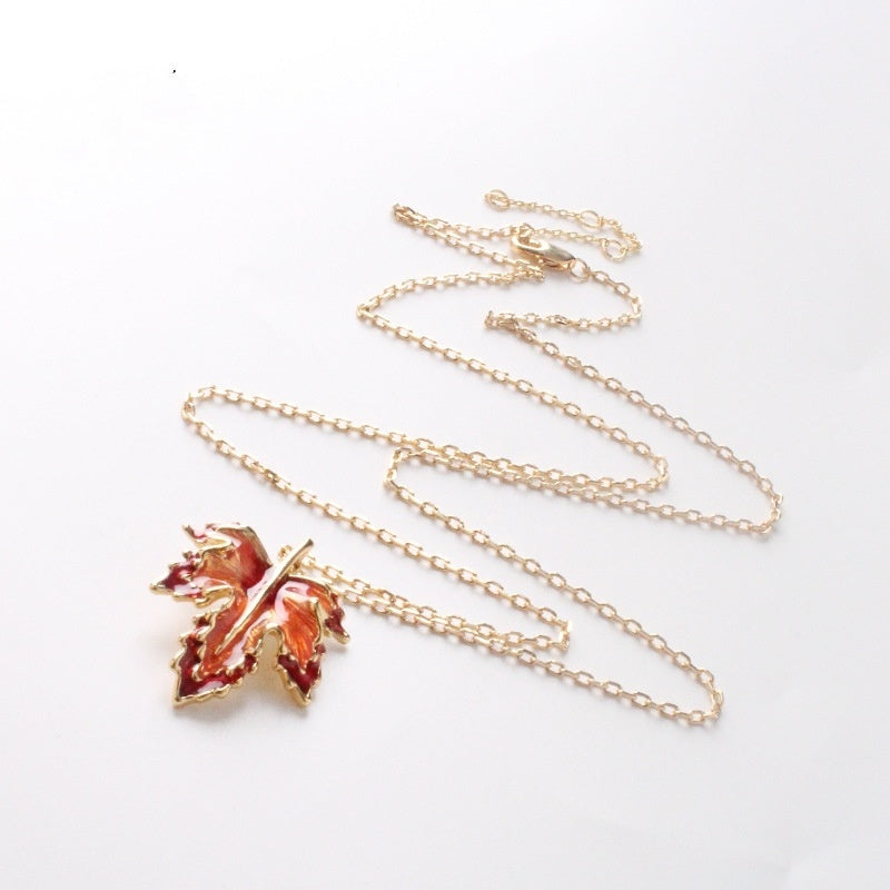 Maple Leaf Enamel Drip Long Necklace For Women