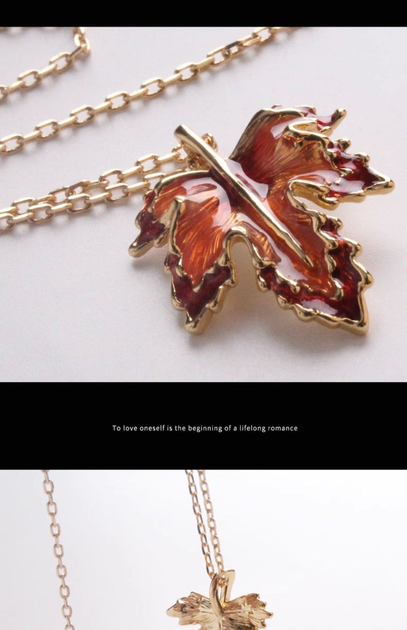 Maple Leaf Enamel Drip Long Necklace For Women